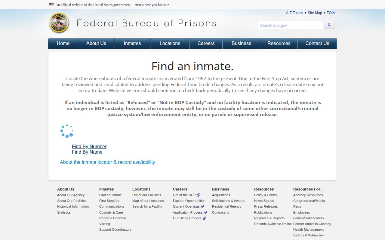 Federal BOP locator for a Colorado inmate release record