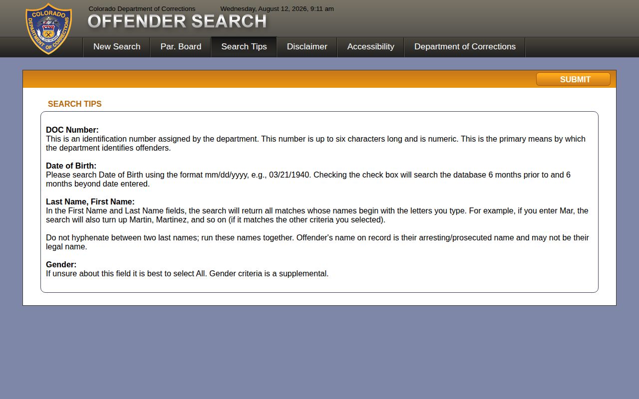 Colorado CDOC search tips for finding inmate release date records