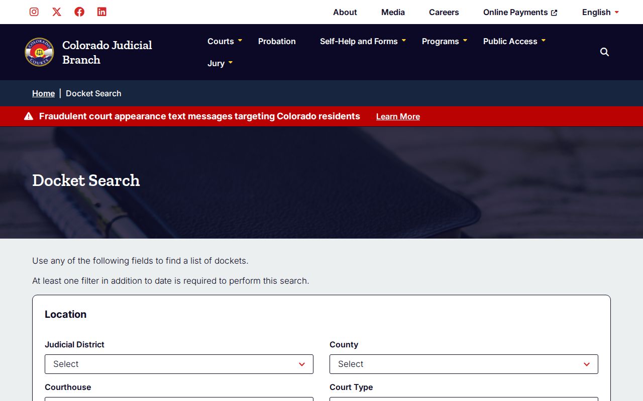 Colorado Judicial docket search for inmate release court records