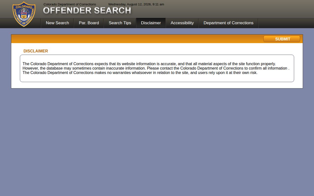 Colorado CDOC disclaimer for projected release date search results