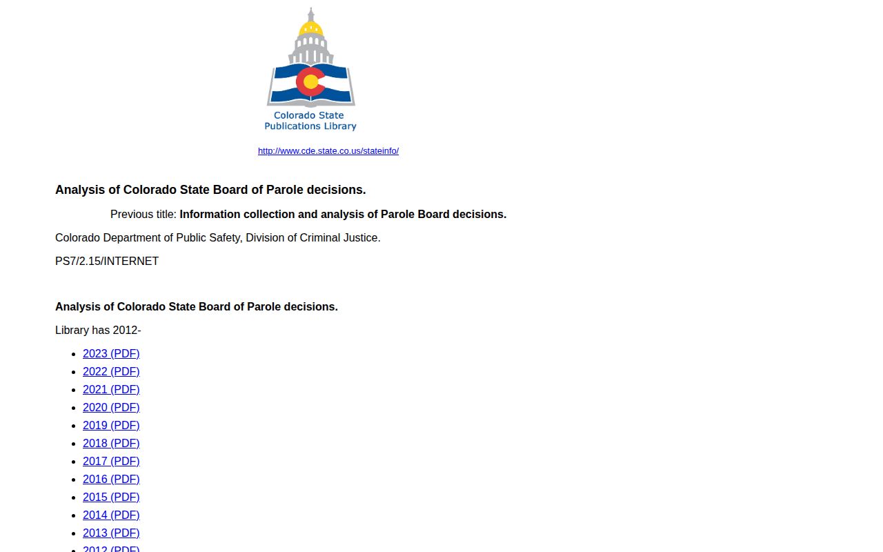 Colorado State Publications Library archive of Parole Board decision analyses